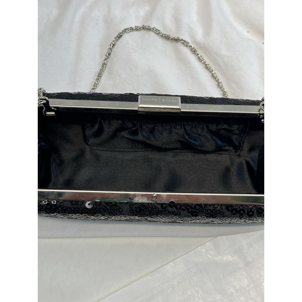 WHBM White‎ House Black Market Sequin Evening Hinged Clutch w Chain Strap  Black - Picture 7 of 8